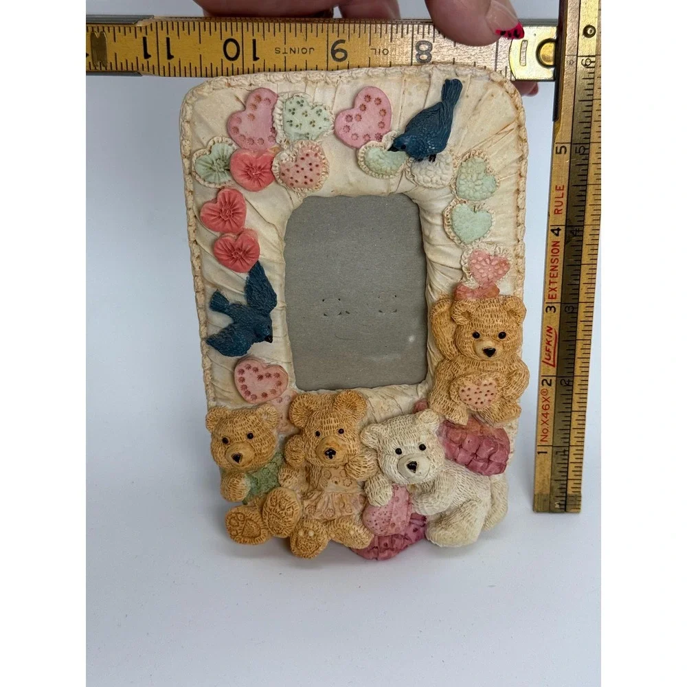 Vintage Fancy Frames 3D Resin Teddy Bear Picture Frame 1990s Heart Bird Detail